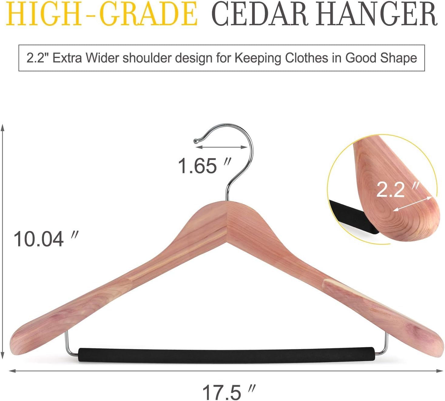 Topia Hanger American Red Cedar Wide Shoulder Wooden Hangers 8 Pack, Luxury Wood Suit Coat Hangers With Black Padded Pant Bar-36