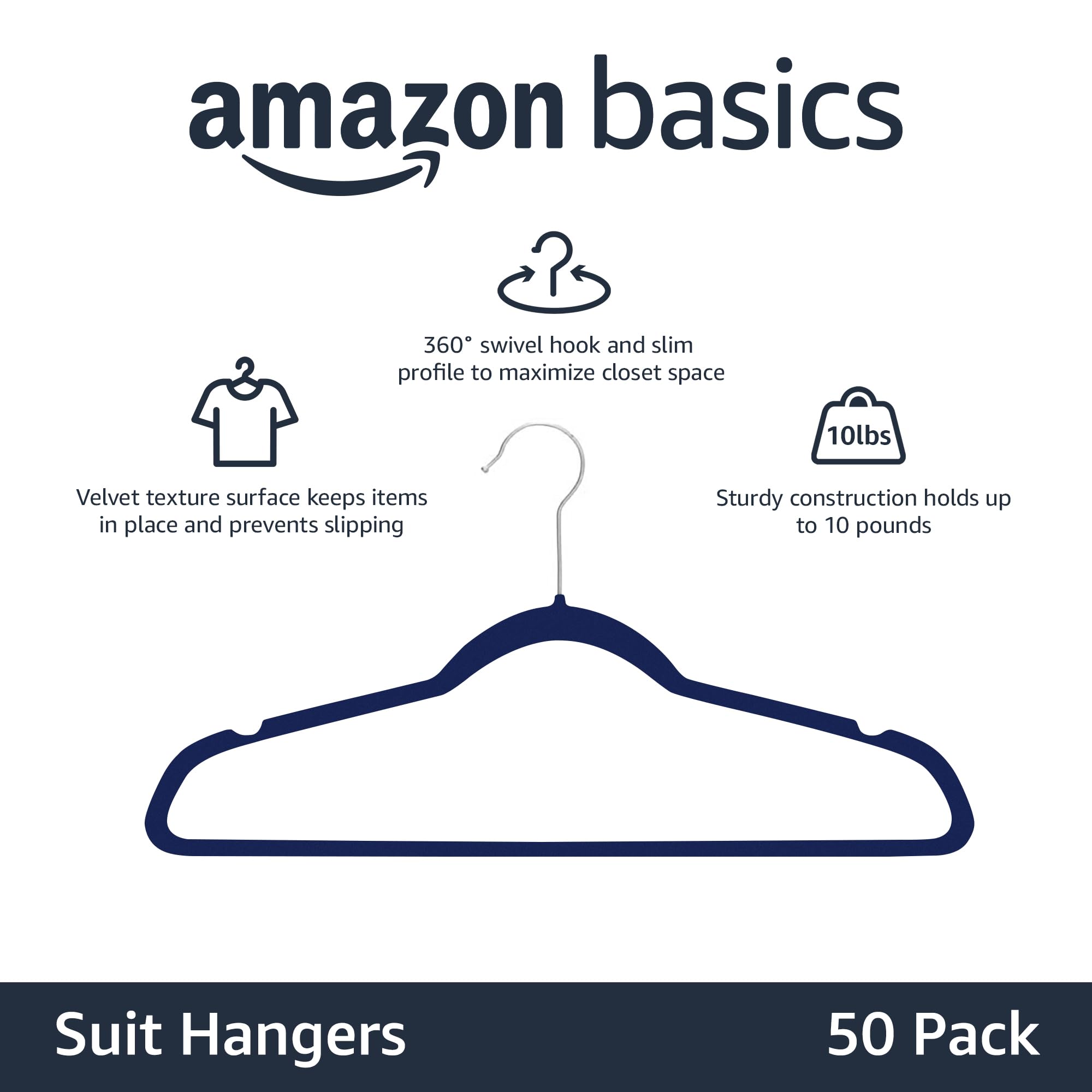 Amazon Basics Slim, Velvet, Non-Slip Suit Clothes Hangers, Navy Blue/Silver - Pack Of 50