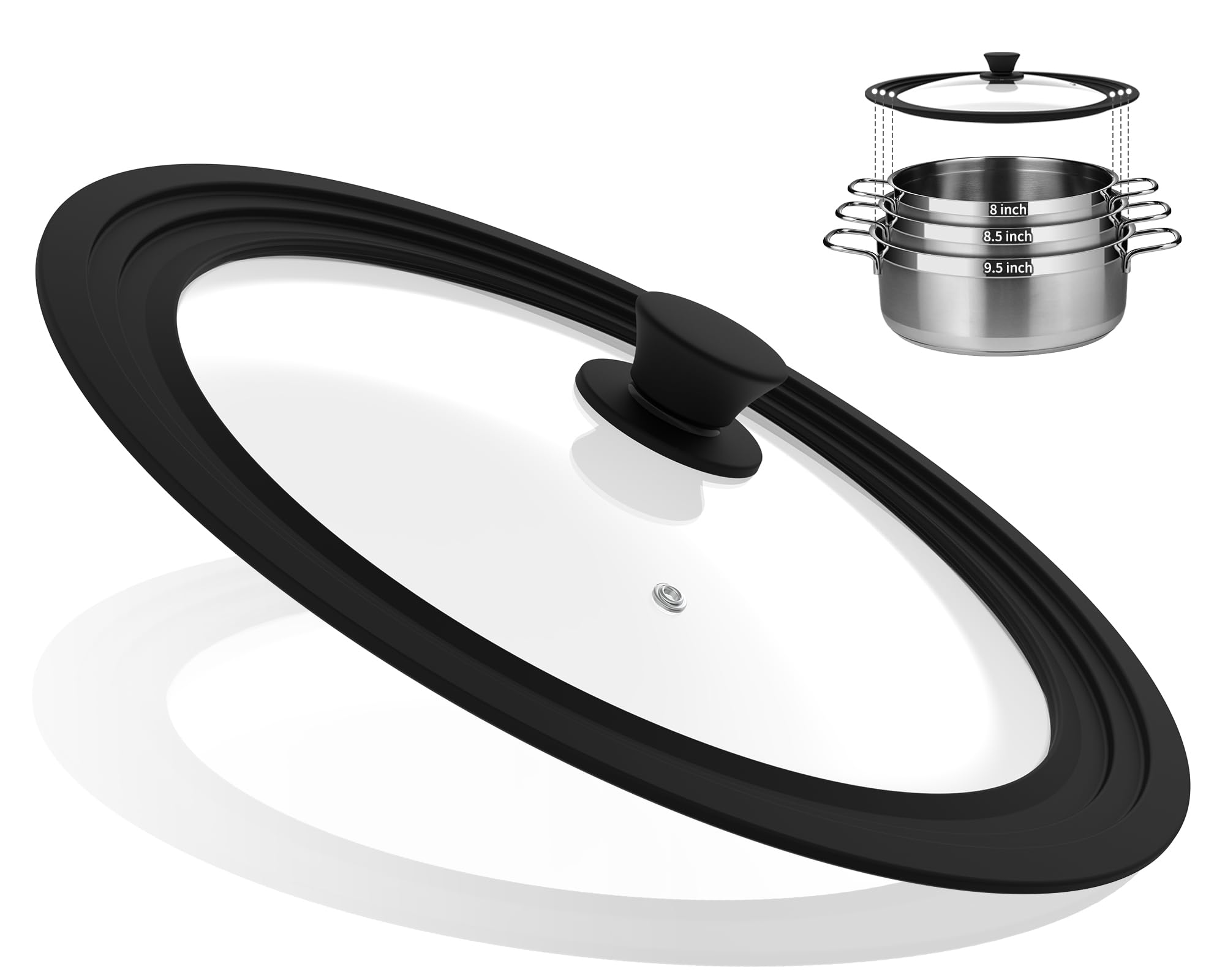 Universal Lid For Pots, Pans And Skillets Vented Tempered Glass With Heat Resistant Silicone Rim, Fits 8 Inch, 8.5 Inch, 9.5 Inc