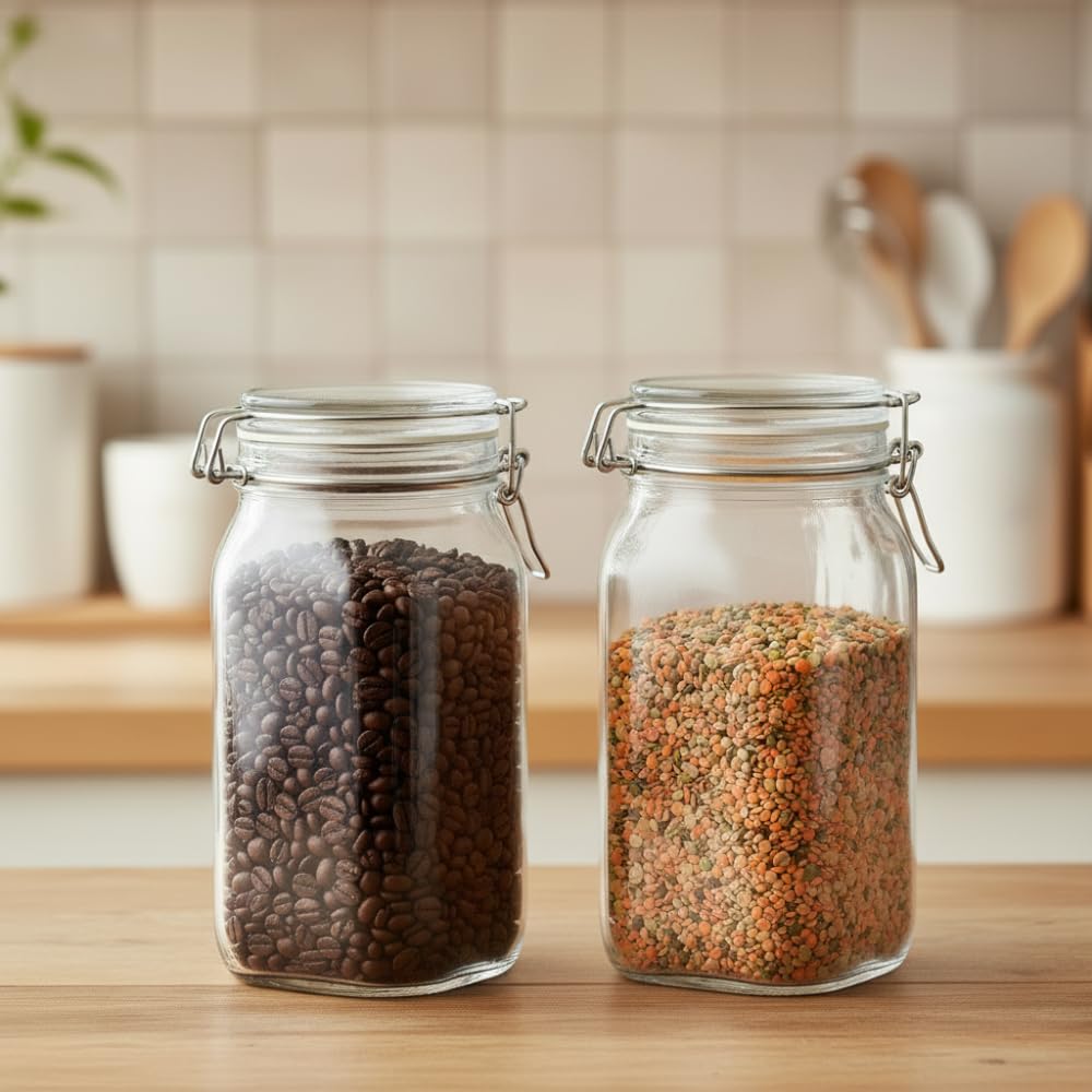 Ginoya Brothers ( 1500 Ml / 1 Kg Cube Glass Jar And Container For Kitchen Pantry Storage With Silver Airtight Lid - Set Of (2)