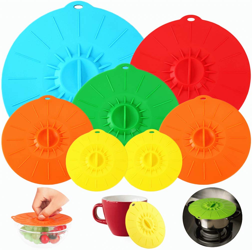 7 Pack Silicone Lids, Microwave Splatter Cover, 5 Sizes Reusable Heat Resistant Food Suction Lids Fits Cups, Bowls, Plates, Pots