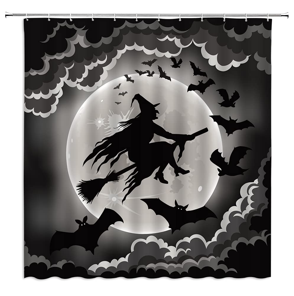 Spooky Halloween Shower Curtain Gothic Black Gray Halloween Witch Broom Horror Bat Ghost Full Moon Happy Halloween Night View Ba
