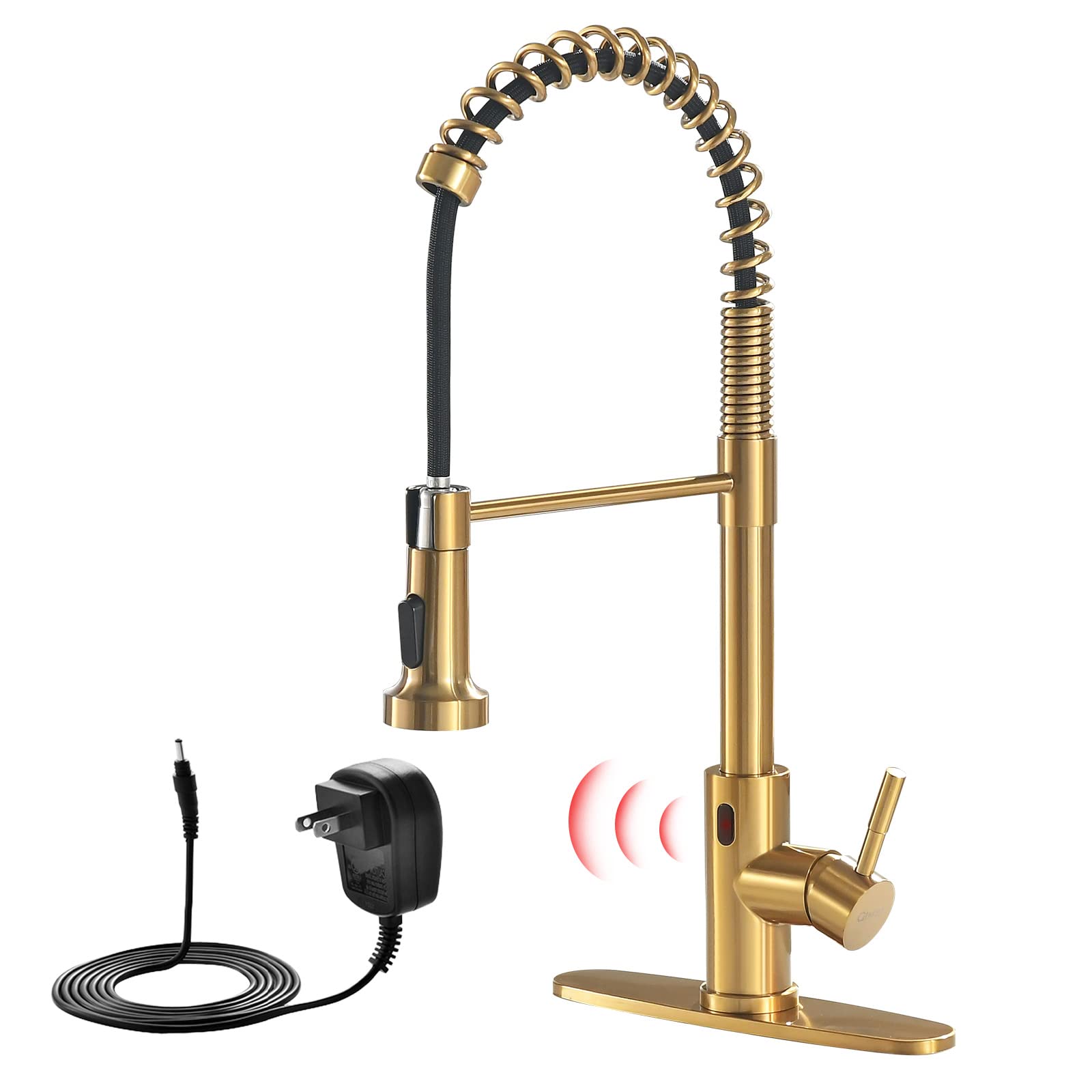 GIMILI Gold Touchless Kitchen Faucet with AC Adapter, Smart Motion Sensor Hands Free Single Handle Kitchen Sink Faucet with Pull