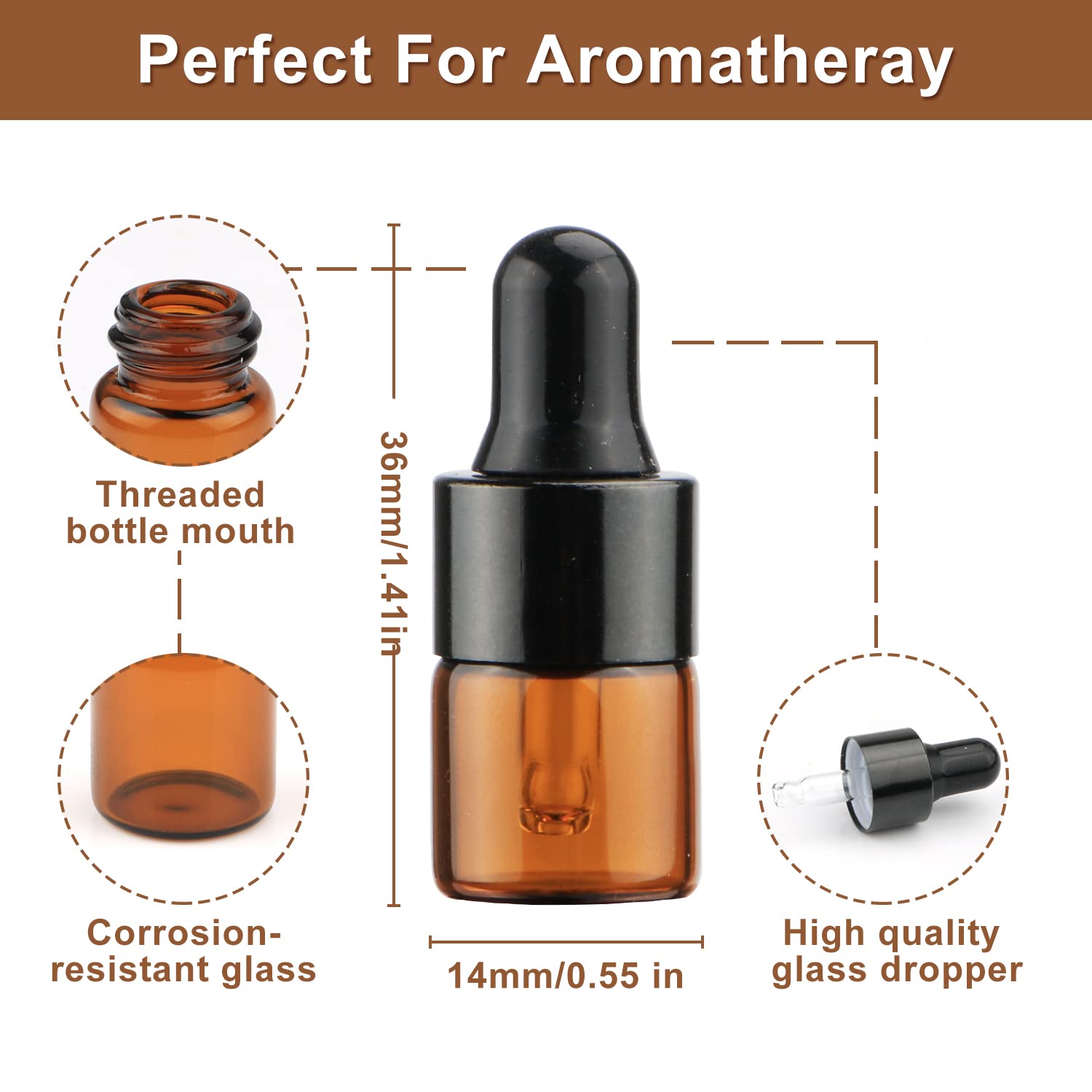 30Pcs Amber Glass Dropper Bottles Mini Empty Sample Vials Essential Oil Dropping Bottles Perfume Jars Cosmetic Container With Gl