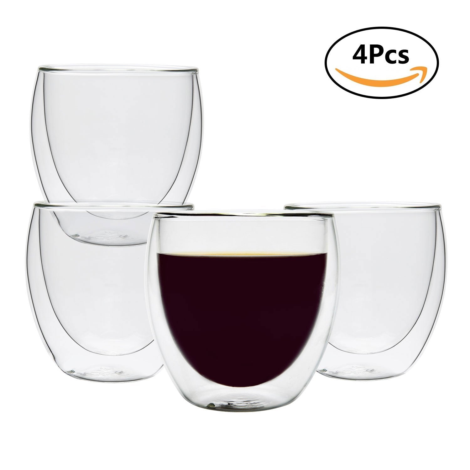 Comsaf 8Oz Glass Coffee Mugs Set Of 4, Double Walled Insulated Thermal Mugs For Latte Cappuccino Cocoa Milk Cafe Juice Tea, Clea