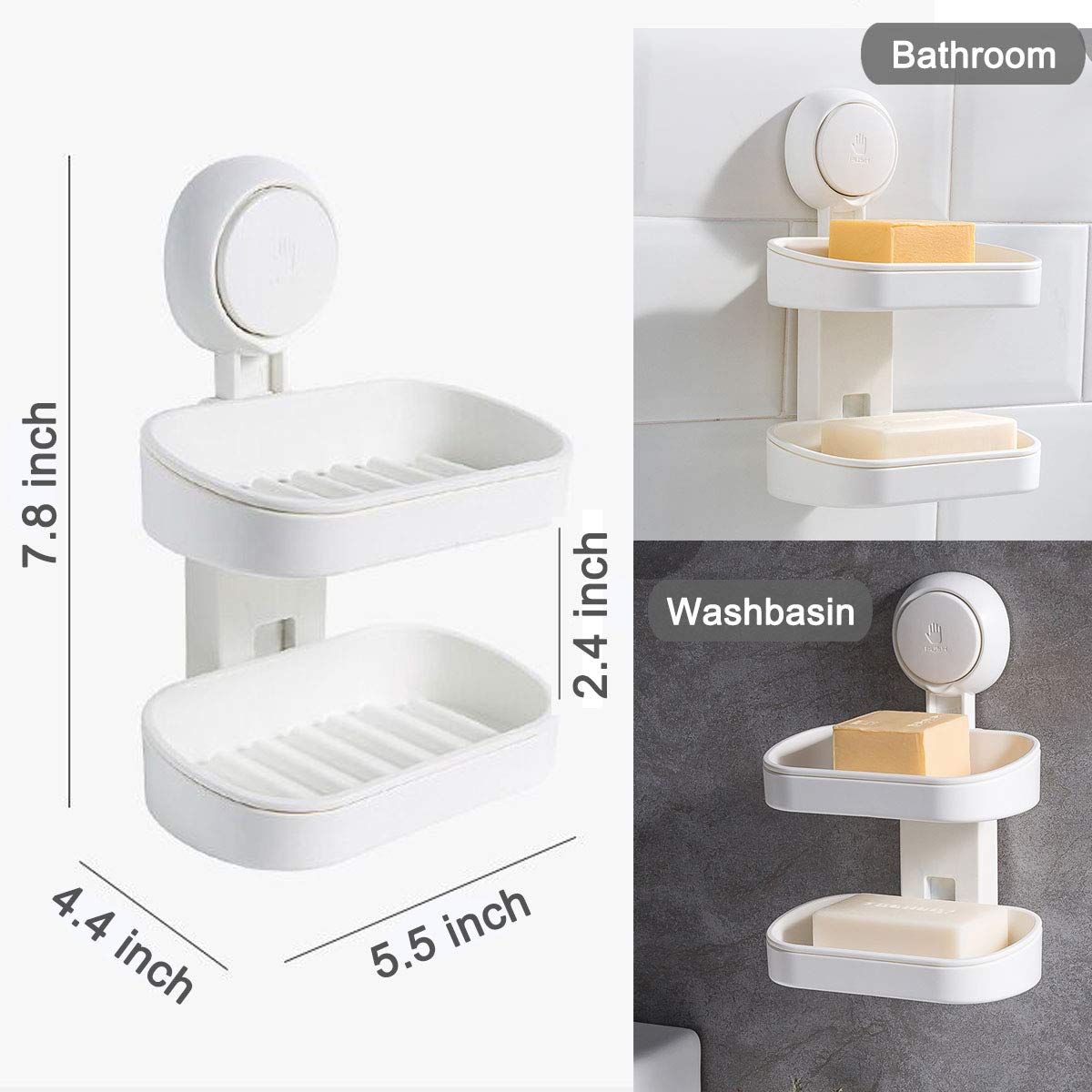 Sunhorde Double Layer Soap Dish Suction Cup Soap Holder For Shower, Powerful Soap Bar Case For Bathroom, Drill-Free, Drainage De