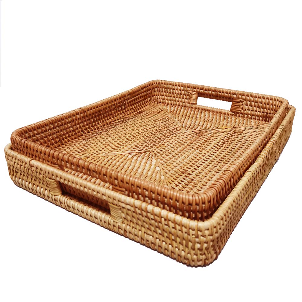 I-Lan 2 Pack Oversize Deep Natural Wicker Serving Tray With Handles And 2.3    Wall, 16 Inch Rectangular Rattan Office Tray, Dec