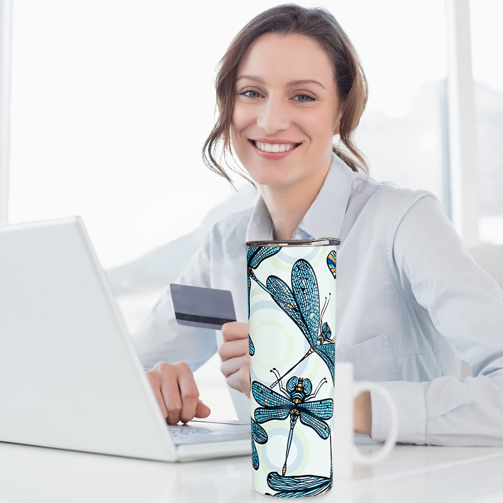 Heqianco Dragonfly Gifts For Women-20Oz Dragonfly Tumbler With Lid And Straw Dragonfly Cup Insulated Stainless Steel Dragonfly S