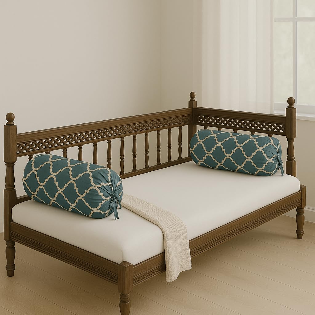Trance Home Linen 100% Cotton Print Bolster Cover Set | 16X32 Inches | 200 Tc | Dewan Round Pillow Covers Only | Bed Side Long P