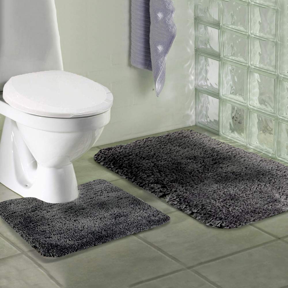 Walensee Shaggy 2 Piece Bath Rug Sets (Dark Grey) 20 X 24 U Shape Contour Rug & 20 X 32 Bathroom Rug Machine Wash/Dry Bath Mats