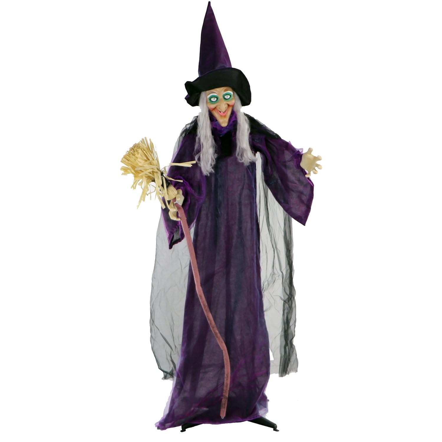 Haunted Hill Farm Life-Size Scary Talking Witch with Broomstick, Halloween Animatronic with Touch Activated Lights and Sound, Ba