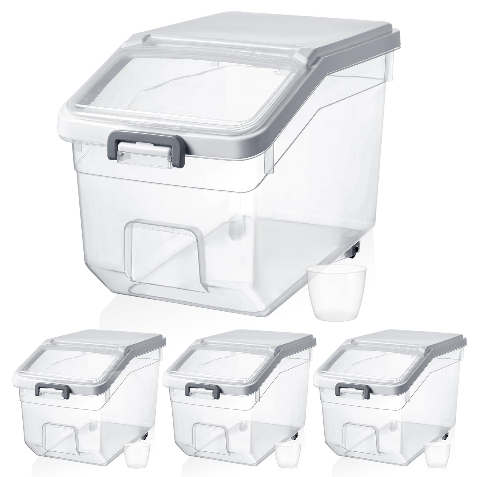 Sunnyray 4 Pcs Rice Storage Container 22 lb Airtight Flour Container with Wheels Measuring Cup Clear Pet Food Cube Dog Cat Birds