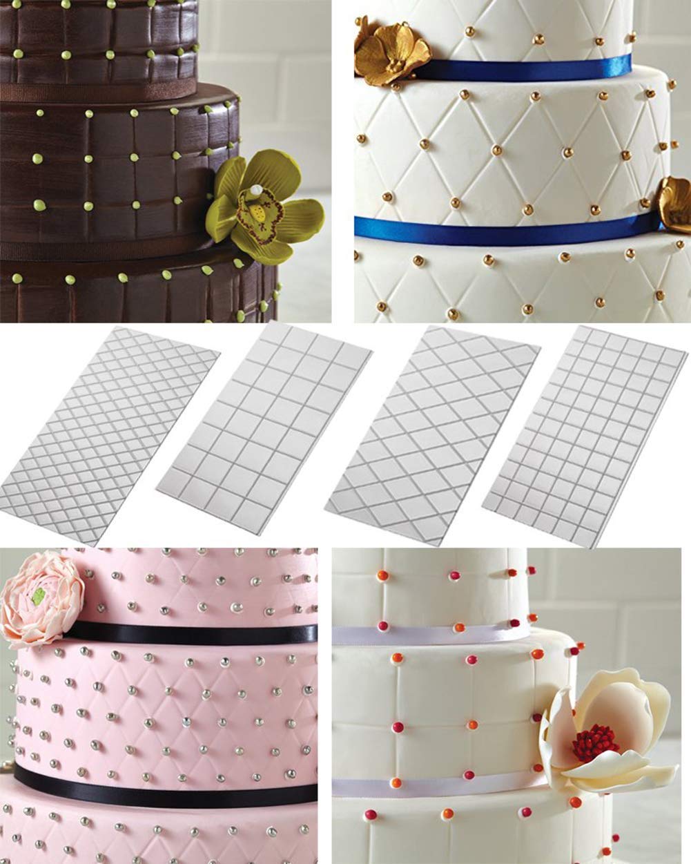 10Pcs/Set Fondant Impression Mat, Tree Bark Brick Stone Wall Flower Cobblestone Diamond Quilted Grid Texture Design Embossed Lac