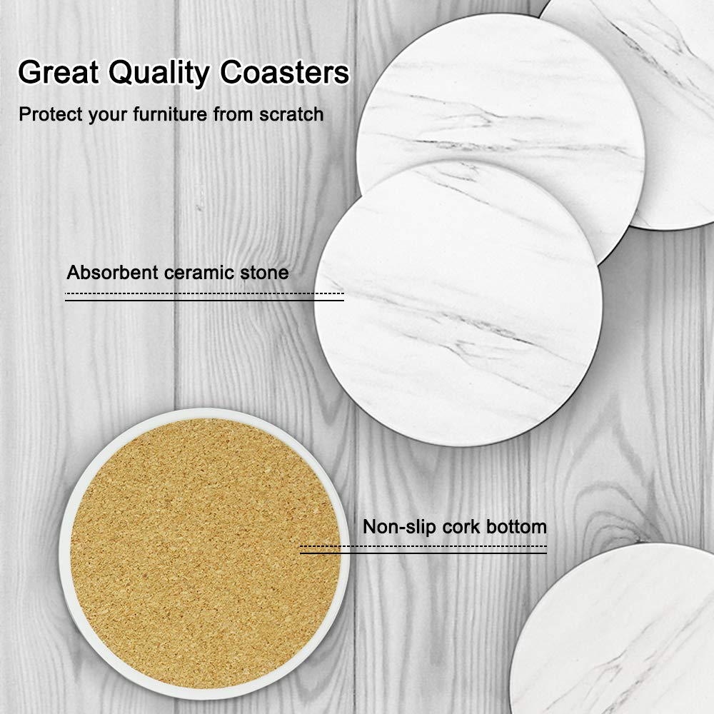 Set of 8 Coasters for Drinks EAGMAK Absorbent Marble Style Ceramic Drink Coaster with Holder for Coffee Wooden Table Home Decor (White)