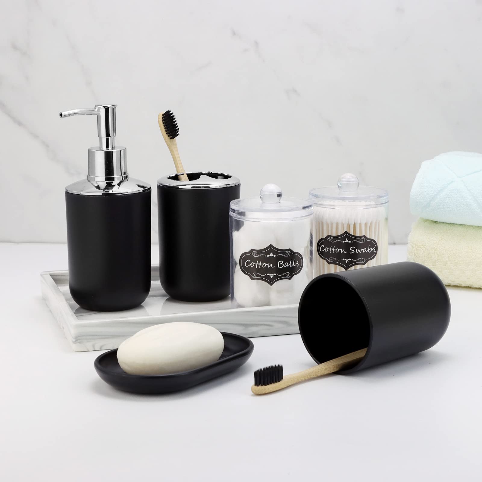 Imavo Bathroom Accessory Set - 8 Pcs Black Bathroom Accessories Set With Trash Can, Soap Dispenser, Soap Dish, Toothbrush Holder