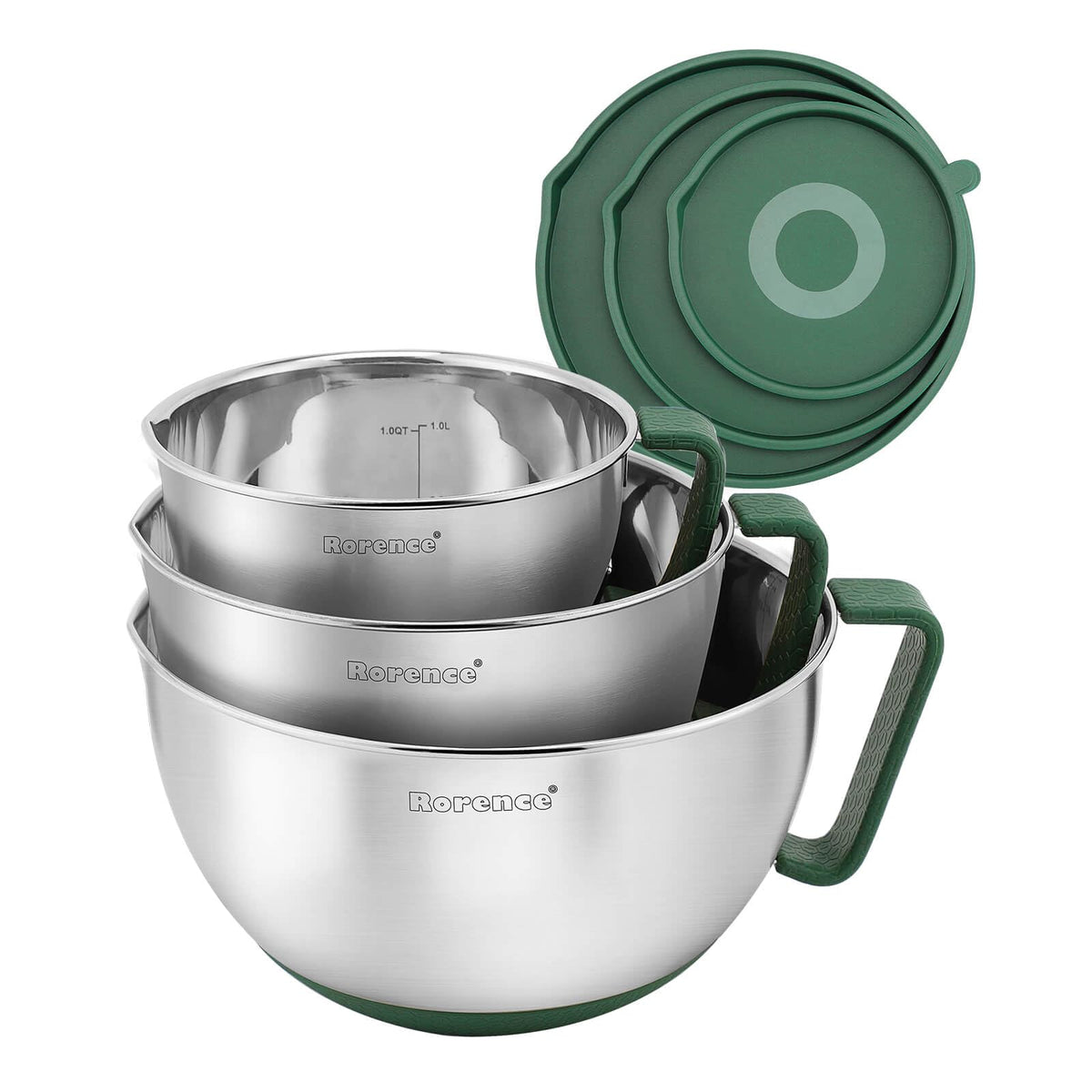 Rorence Mixing Bowls Set: Stainless Steel Non-Slip Bowls With Pour Spout, Handle And Lid - Set Of 3 - Green