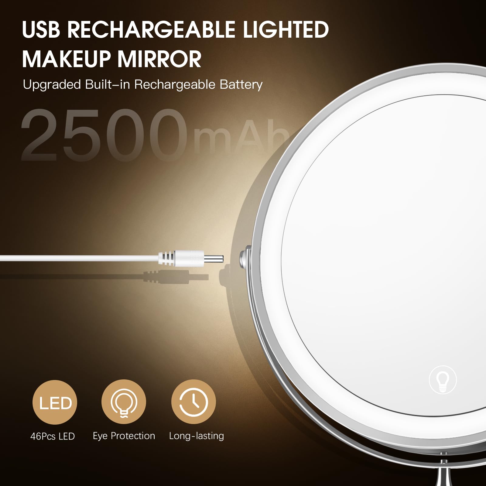 Mnient Wall Mounted Lighted Makeup Mirror, 8'' Rechargeable Double-Sided Magnifying Mirror 1X/10X, 3 Colors Led Vanity Mirror Wi