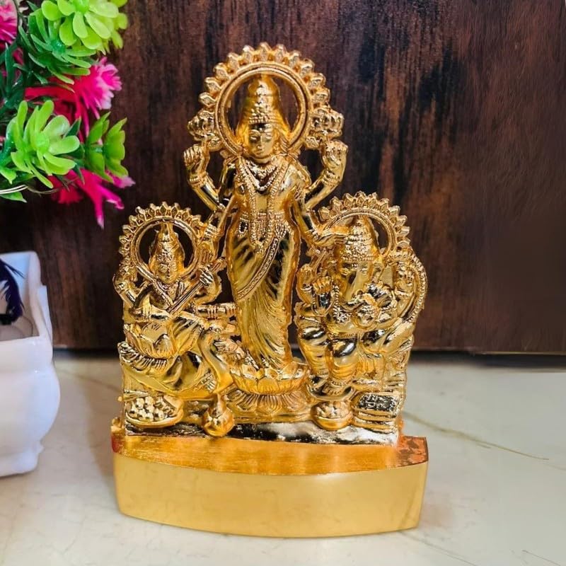 Ishaspirituals Laxmi Ganesh Saraswati Murti Brass Lakshmi Ganapathi Saraswathi Idols 24Ct Gold Plated Laxmi Ganesh Saraswati Mur