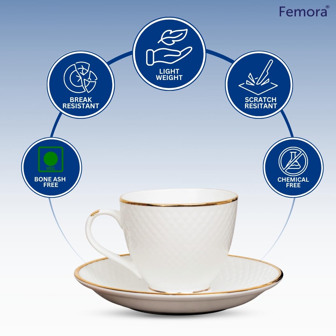 Femora Bone China Gold Line Diamond Cut White Cups & Saucer- 6.42 Oz- Set Of 12 (Diamond)
