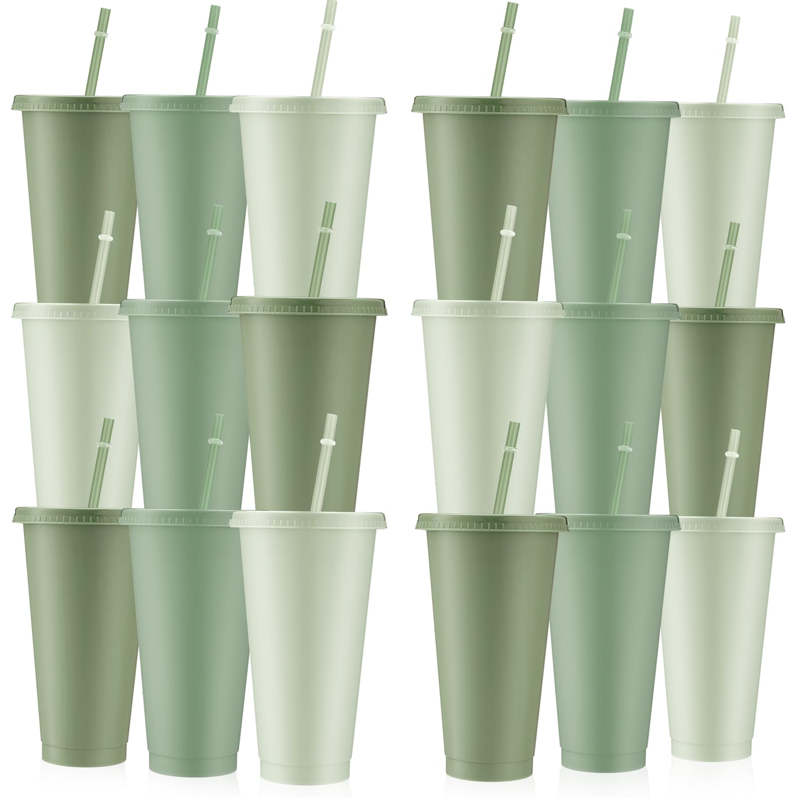 Skylety 24 Pcs Sage Green Plastic Cups with Lids and Straws 24 oz Reusable Tumbler Large Travel Mug Cup Coffee Beverage Drinks P