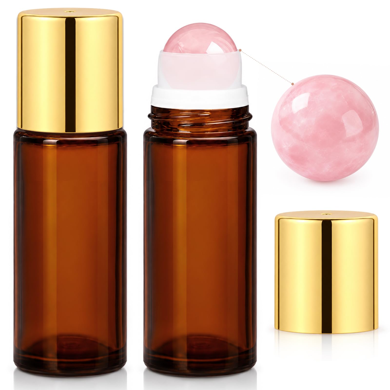 2 Pack Rose Quartz Roller Glass Bottles, 50ml Refillable Roll On Bottles