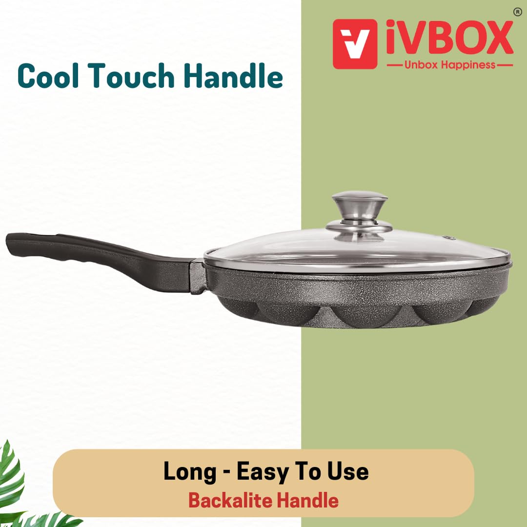 ivbox MAX-PRO Appam Pan Heavy-Weight Non-Stick appe Paniyarakkal Maker with Glass Lid, Cast Aluminium, Silver Grey