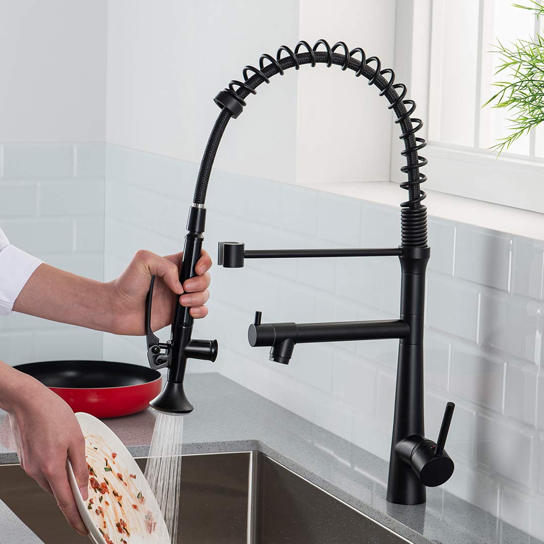 AIMADI Black Kitchen Faucet with Sprayer - Commercial Faucet Kitchen Single Handle Spring Pull Down Kitchen Sink Faucet with LED Light Matte Black