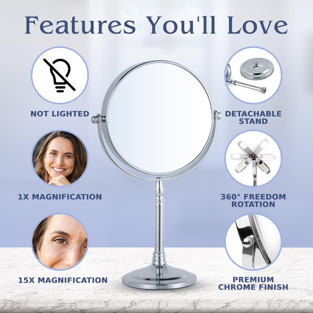 Mirrorvana 15X Magnifying Makeup Mirror With Stand - Double-Sided 15X/1X Design - Suitable For Vanity Desk, Dressing Table, Or B