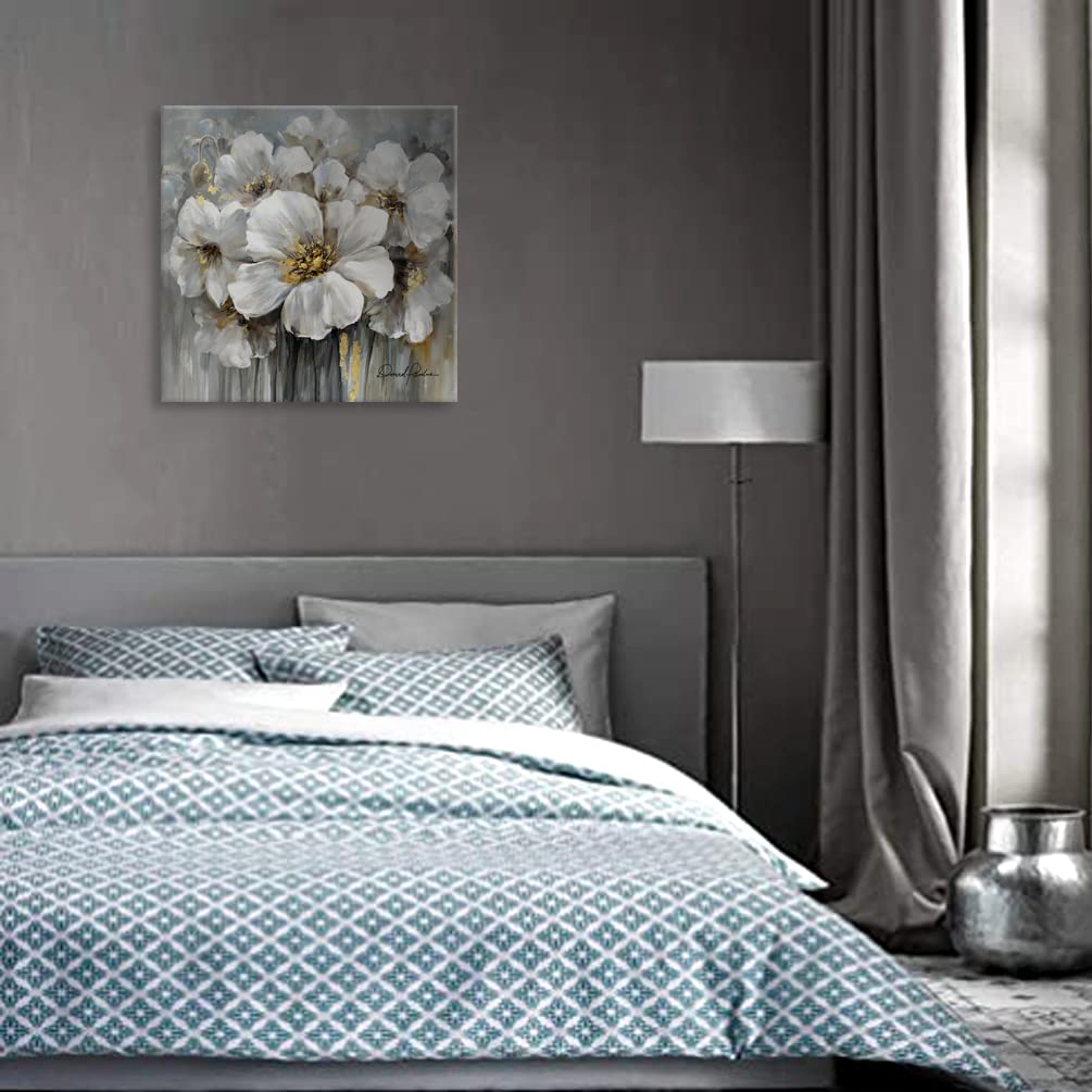 Flower Picture Decor Wall Art Abstract White And Grey Blooming Floral With Gold For Bedroom Living Room Walls Decoration Canvas
