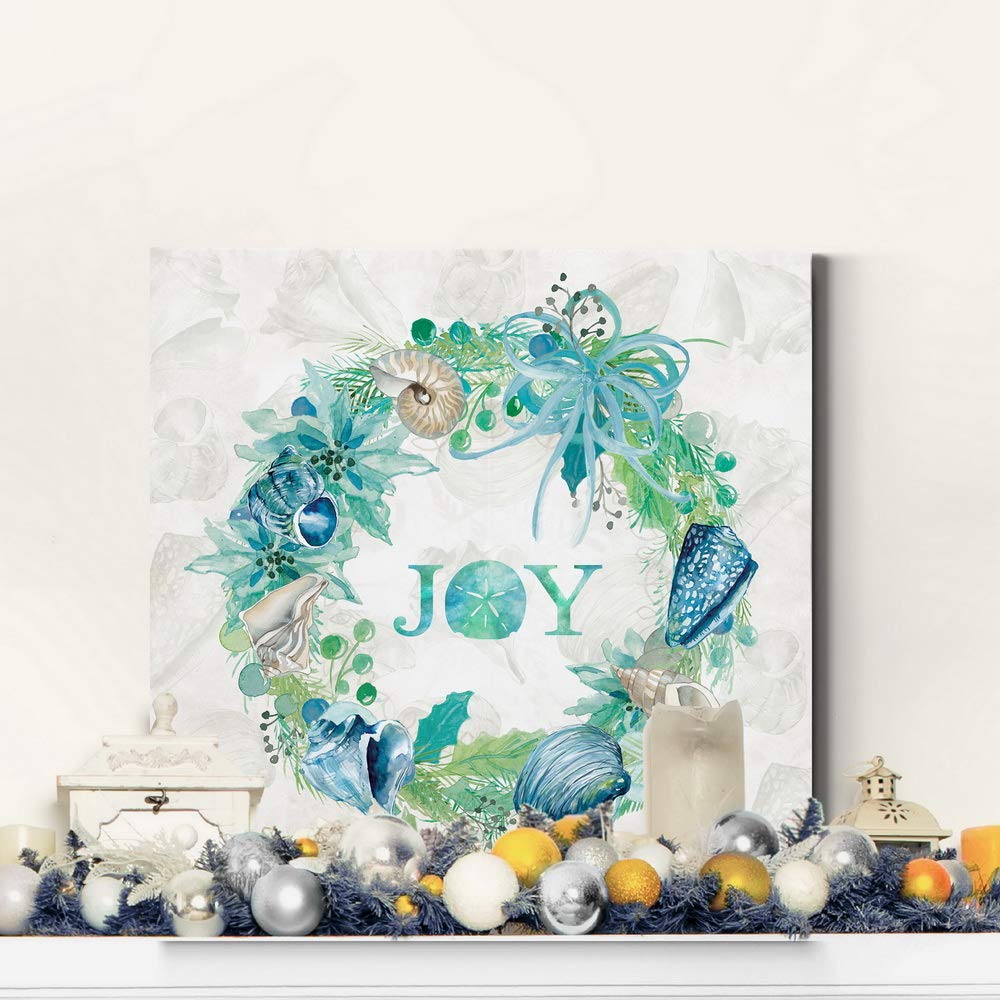 Renditions Gallery Joy Seashell Wreath Wall Art, Blue & Green Winter Artwork, Ocean & Beach Themed Christmas, Premium Gallery Wr