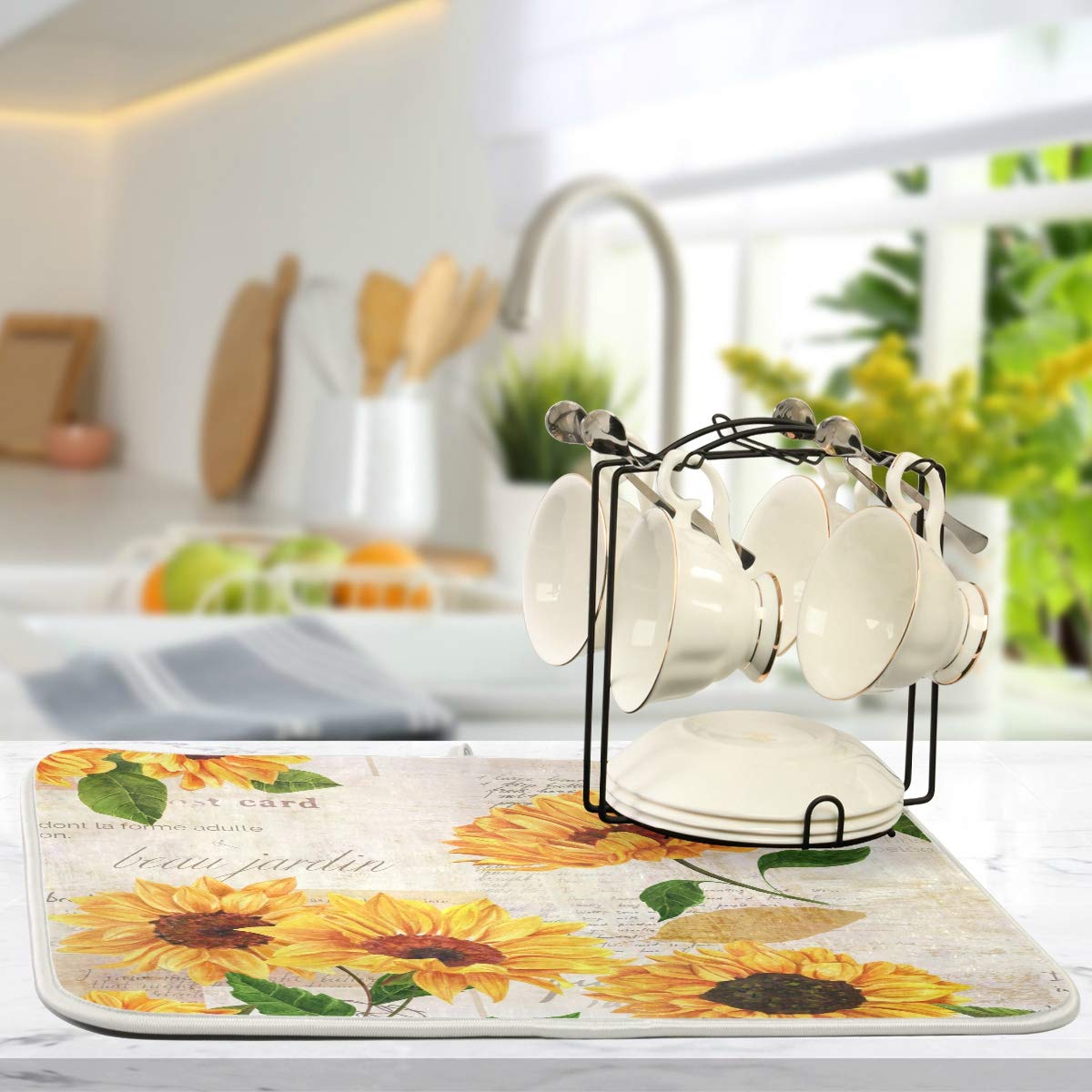 Qilmy Sunflowers Dish Drying Mat Water Absorption Tableware Drying Mat For Kitchen Countertop Home Decoration, 16 X 18 Inch Non