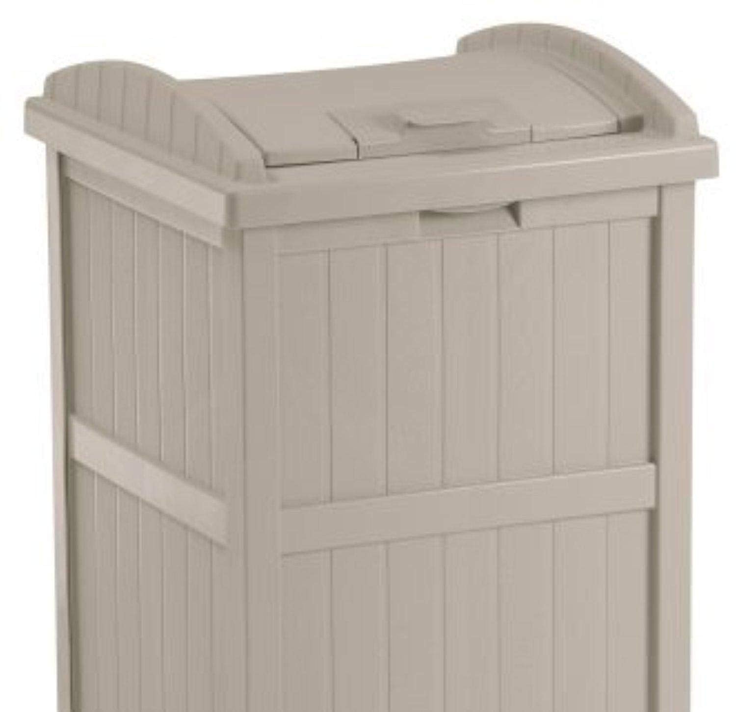 Suncast 33 Gallon Trash Hideaway Easy Assembly Durable Plastic Garbage Container With Wood Look Design, 1 Beige And Brown (2 Pac
