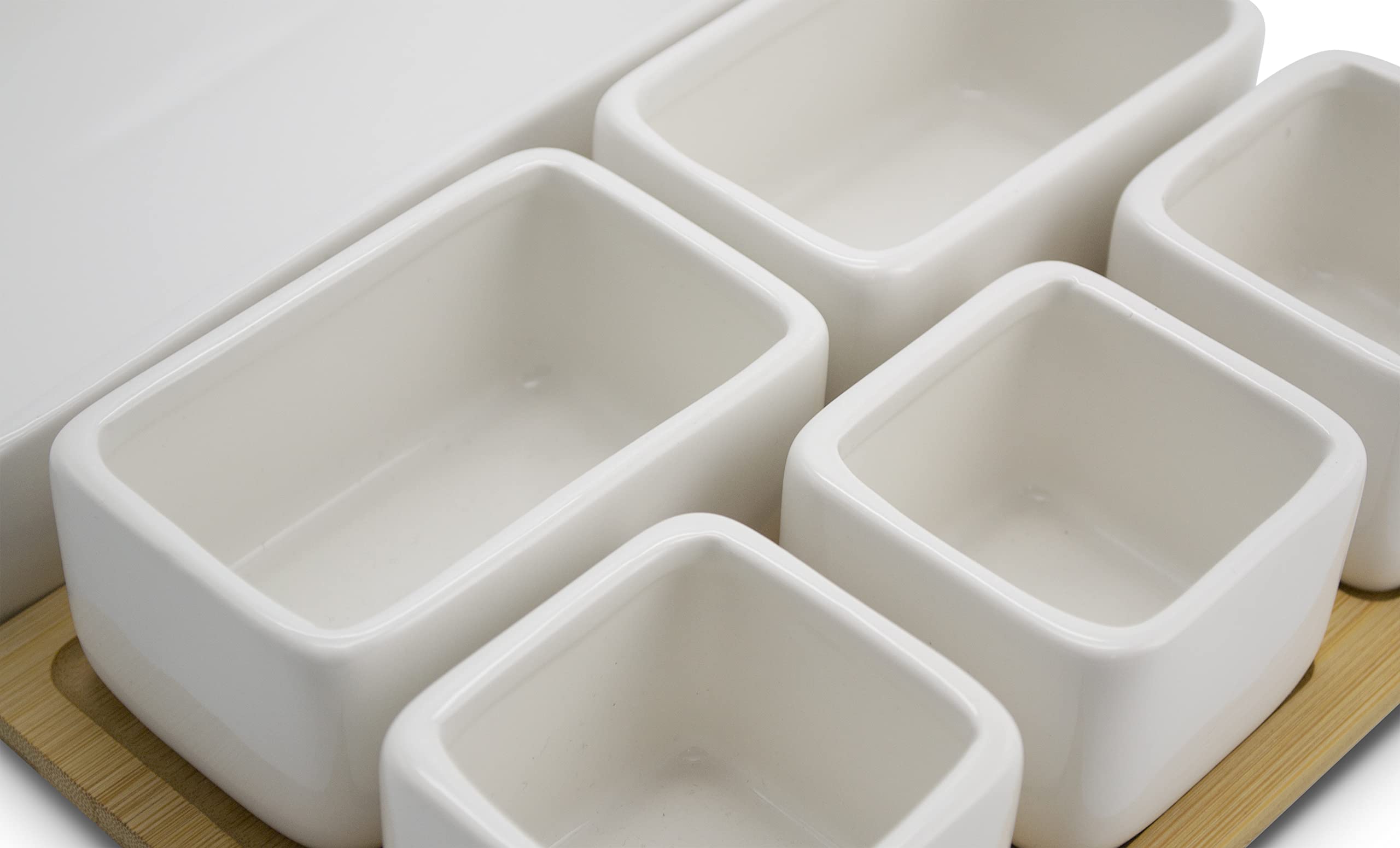 Eternal Living Appetizer Serving Tray Condiment Server With Bamboo Tray 7 Pieces Set, Ceramic