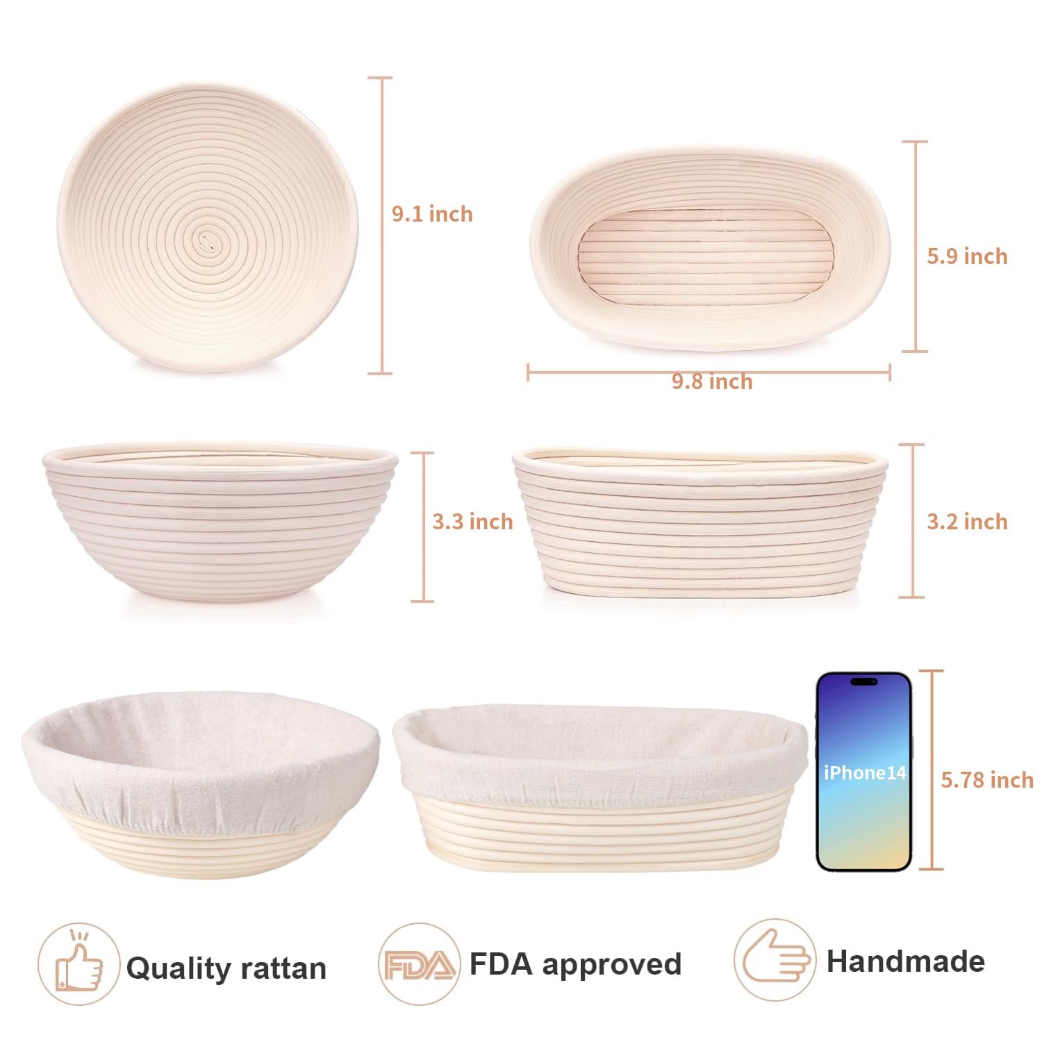 Homedisiac Banneton Bread Proofing Basket Set, 9 Inch Round & 10 Inch Oval, Natural Rattan Material, Ideal For Sourdough Bread B