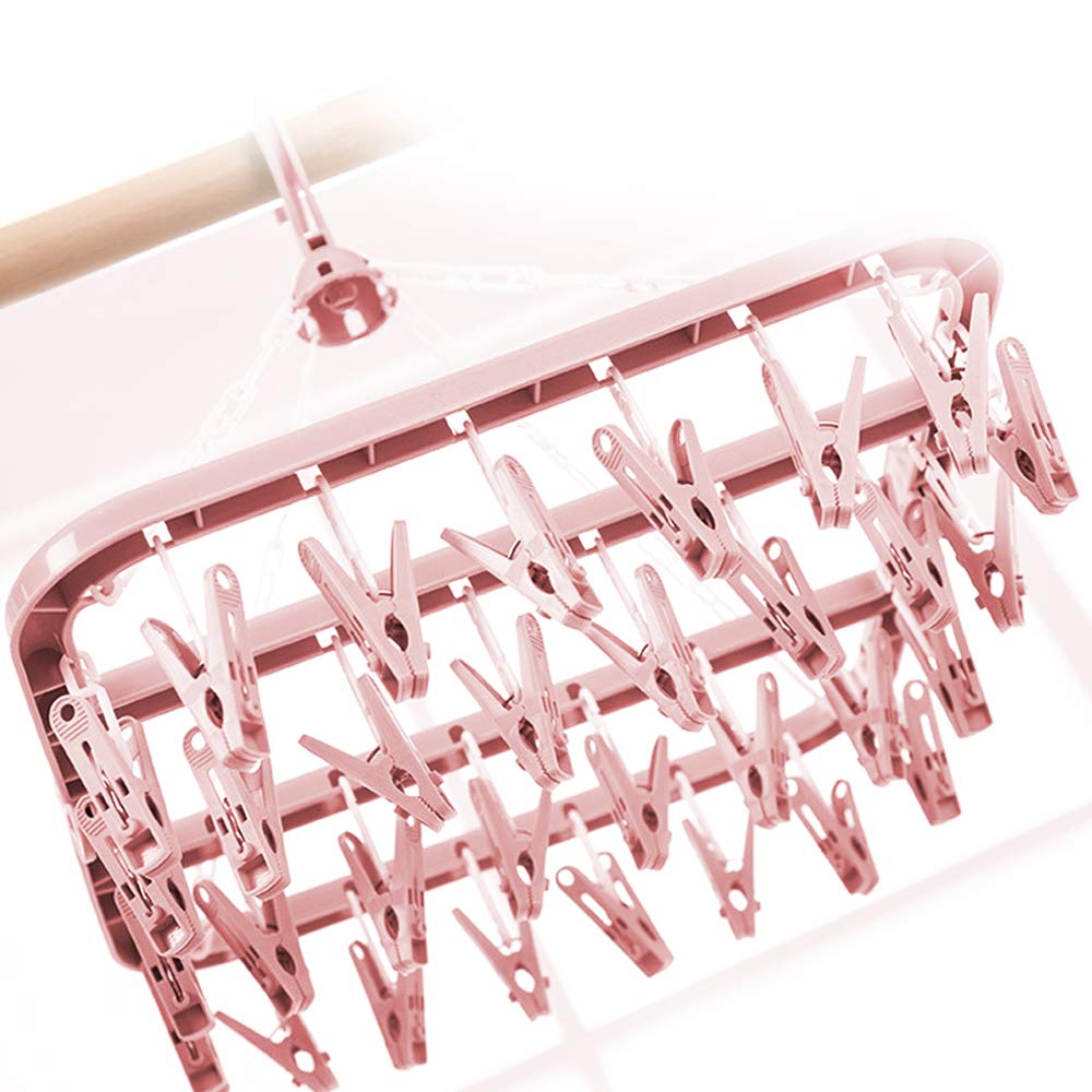 alladaga clothes Drying Hanger with 32 clips and Drip Foldable Hanging Rack (Light Pink)