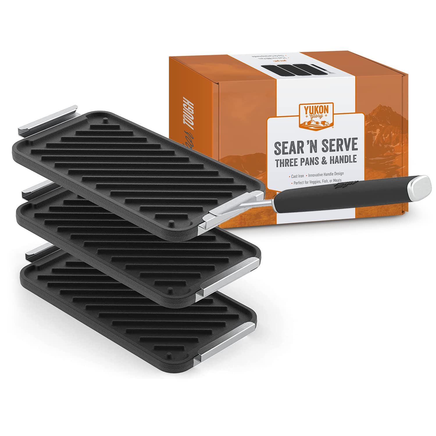 Yukon Glory Sear 'N Serve Cast Iron Grill Pan Set Includes 3 Cast Iron Grilling Baskets & Clip-On Handle - Cast Iron Grill Pans