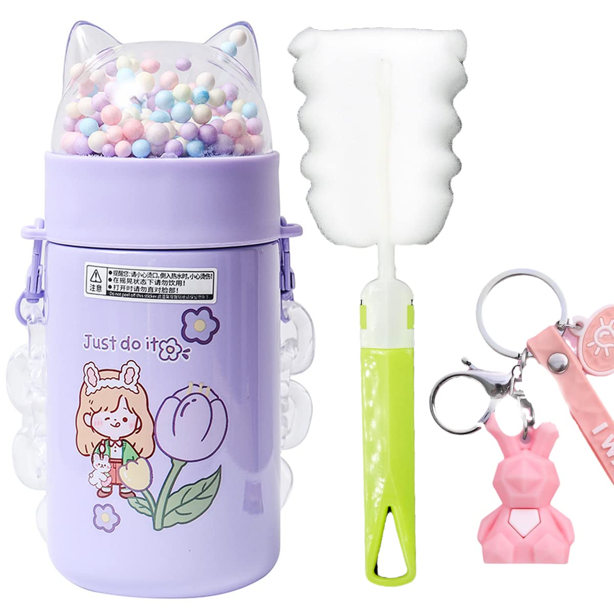 Girl Water Bottle for School Kid Sparkling Glitter Stainless Steel Thermos with Cat Sequins Lid Cystal Strap Cup Birthday Gift (