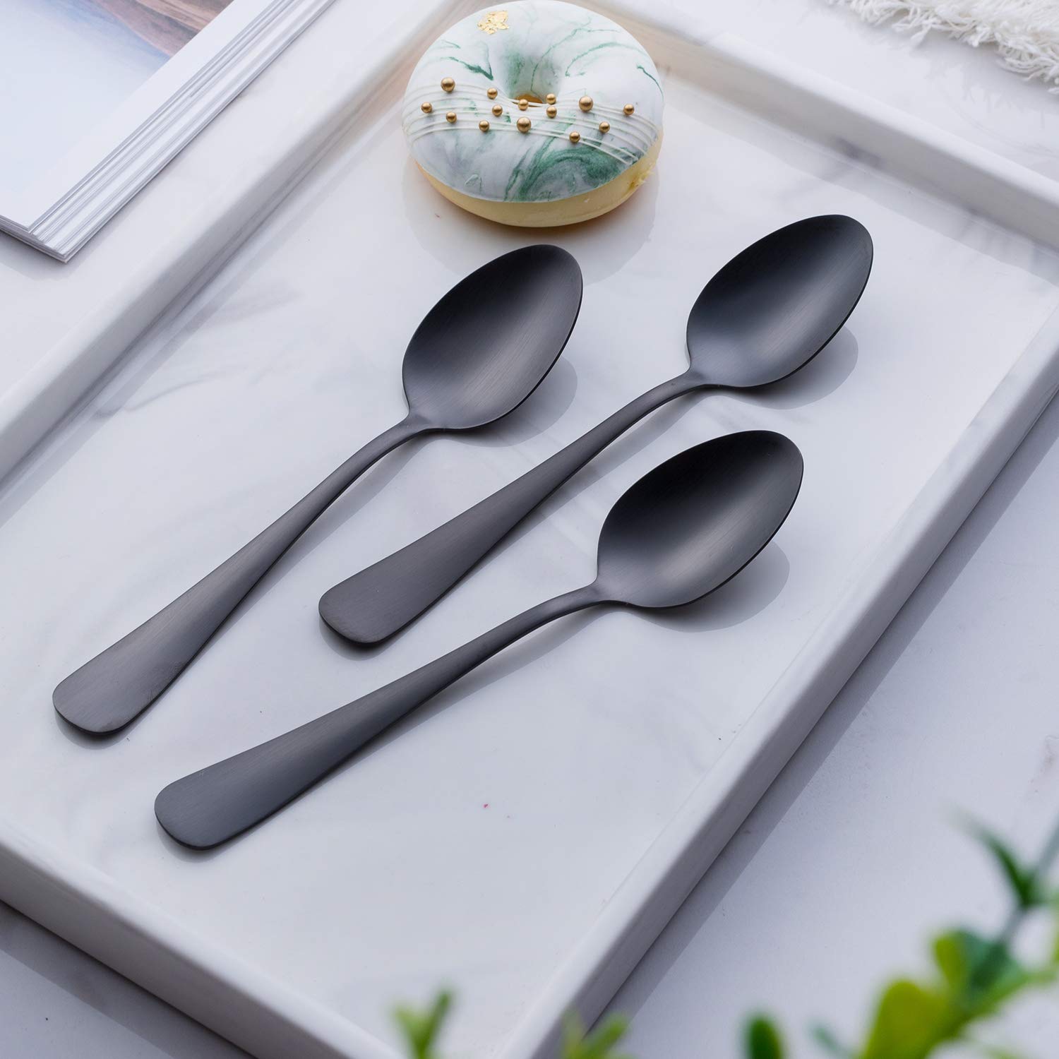 Matte Black Dessert Spoon, Gogeili Stainless Steel Satin Finish 6.8-Inch Teaspoon Coffee Spoon Set, Service For 6, Dishwasher Sa
