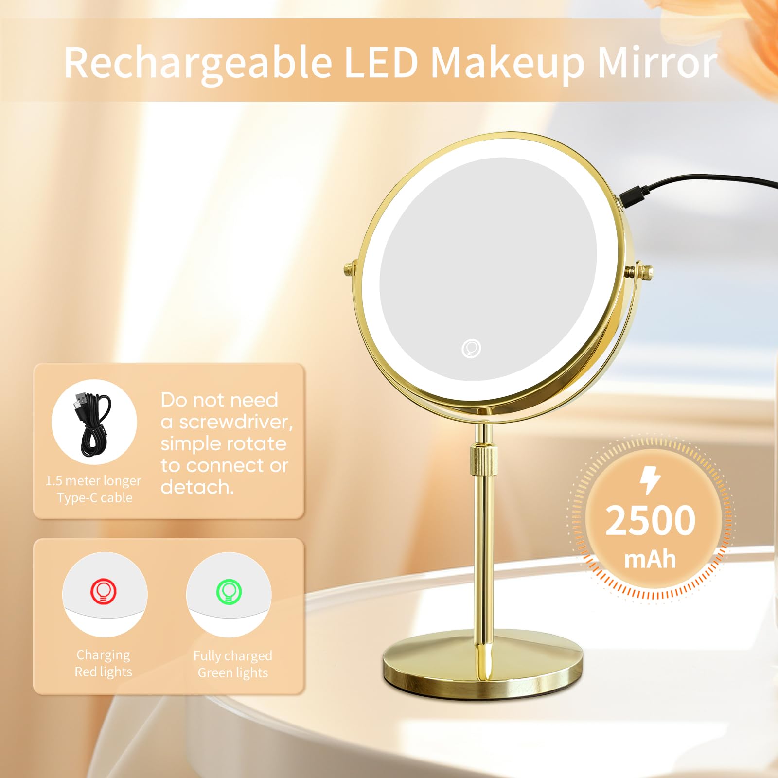 Nicesail Led Make Up Mirror With Lighting, Magnifying Mirror With 3 Color Dimmable Lights, Stand Up Lighted Makeup Mirror 360Rot
