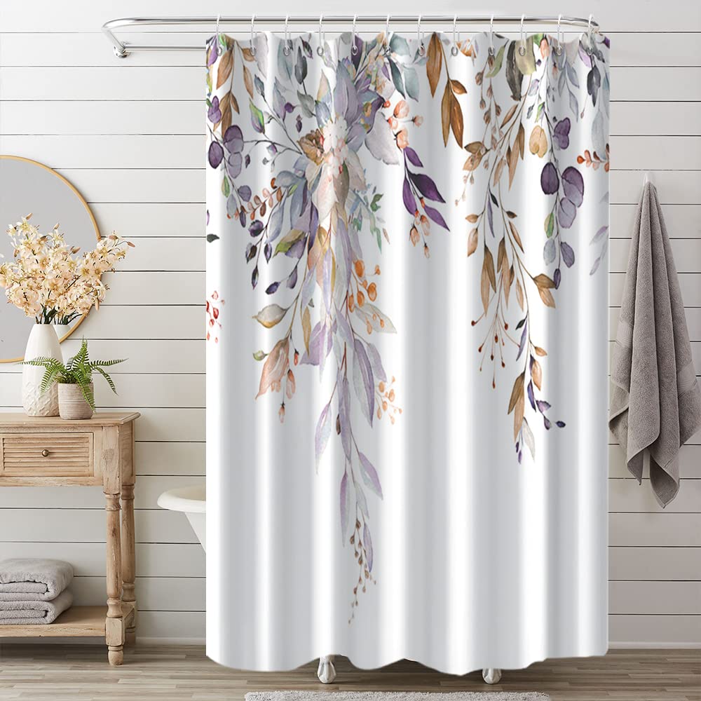 Ruelvth Purple Eucalyptus Shower Curtain, Spring Watercolor Plant Leaves With Floral Shower Curtain For Bathroom Waterproof Fabr