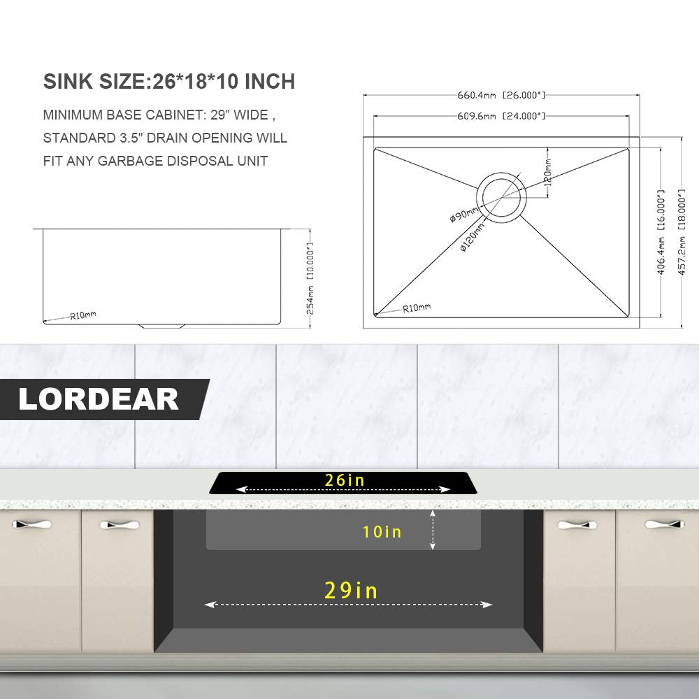 Lordear Undermount Kitchen Sinks 26 Inch Stainless Steel Single Bowl Kitchen Sink Undermount 16 Gauge 10'' Deep Basin 26X18 In U