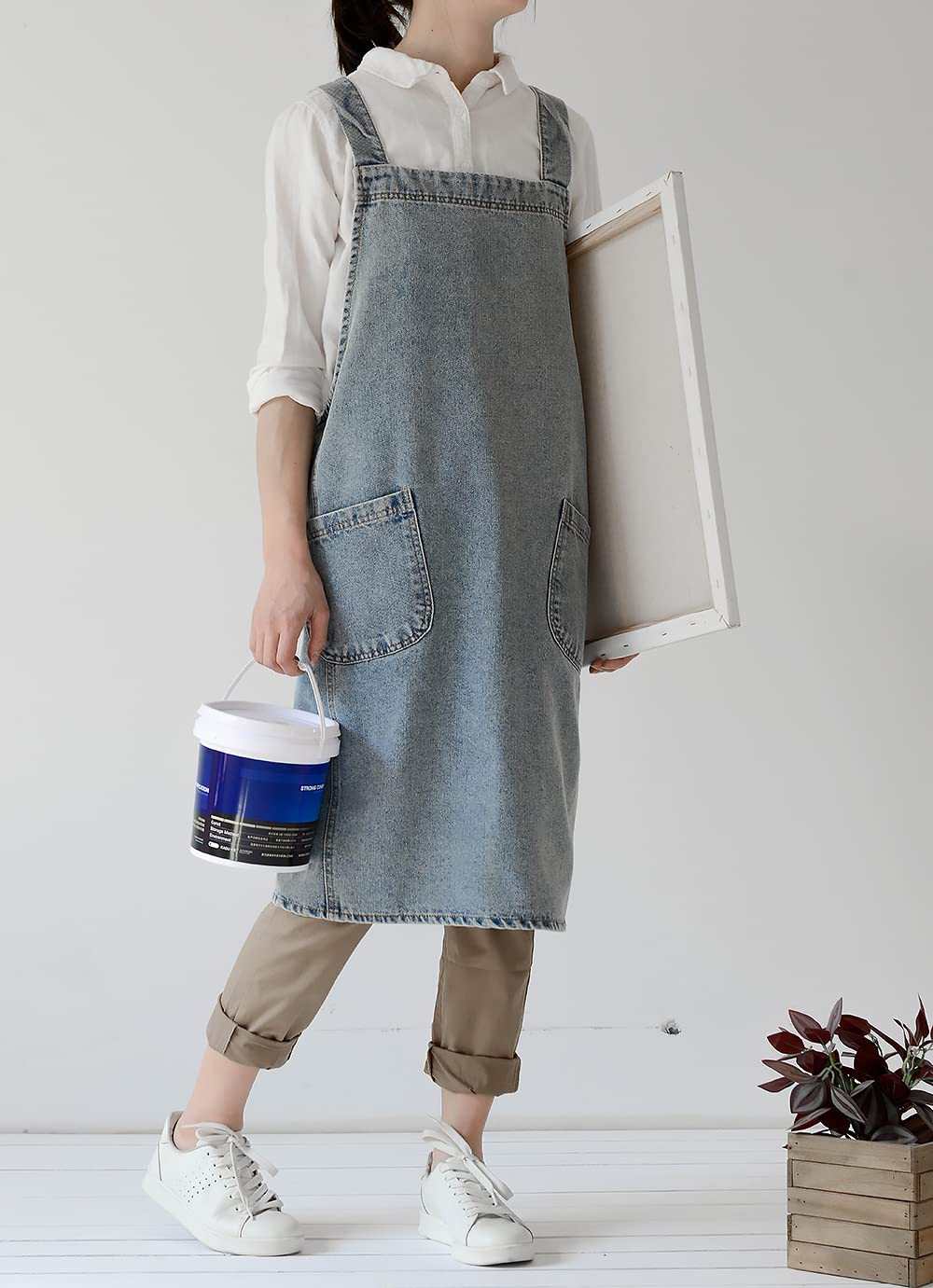 Jeelow Cotton Washed Denim Blue Jean Cooking Kitchen Garden Cross Back Apron For Men & Women Adjustable With Pockets Simplistic