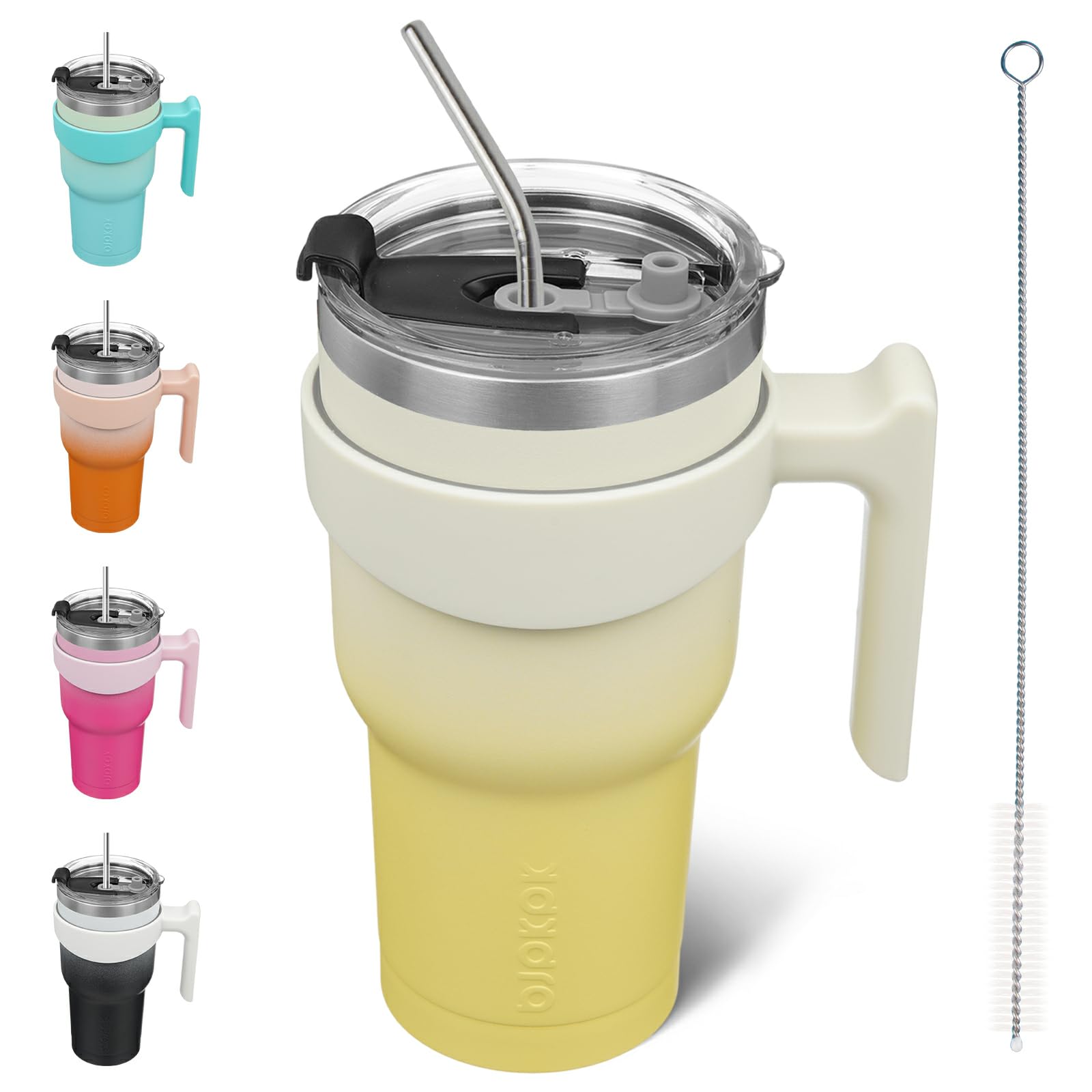Bjpkpk 30Oz Tumbler With Handle Insulated Tumbler Cups With Lid And Straw Reusable Stainless Steel Double Wall Travel Mugs,Lemon