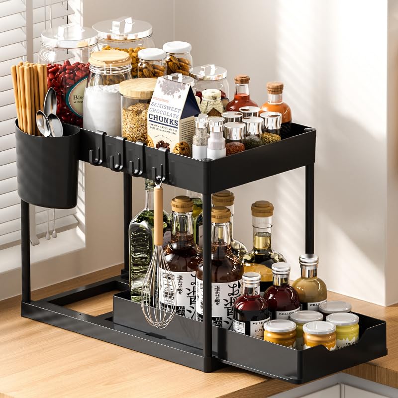 Zenlyf 2Tier Kitchen Countertop Organizer, Black Metal Storage Rack With 4 Hooks, Hollow Draining Design, AntiSlip Rubber Pads