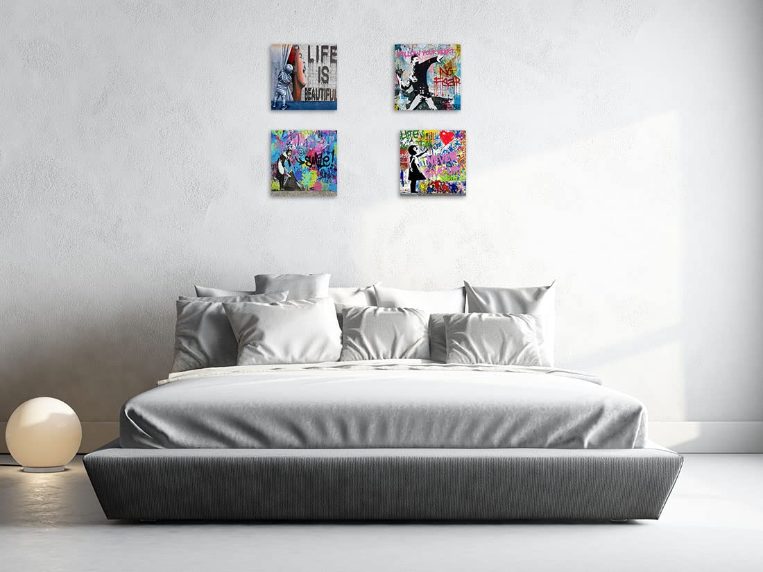 Biufo Banksy Canvas Wall Art Prints Pop Street Art Picture Paintings For Living Room Bedroom Wall Decor (16''X16''X4Pcs)