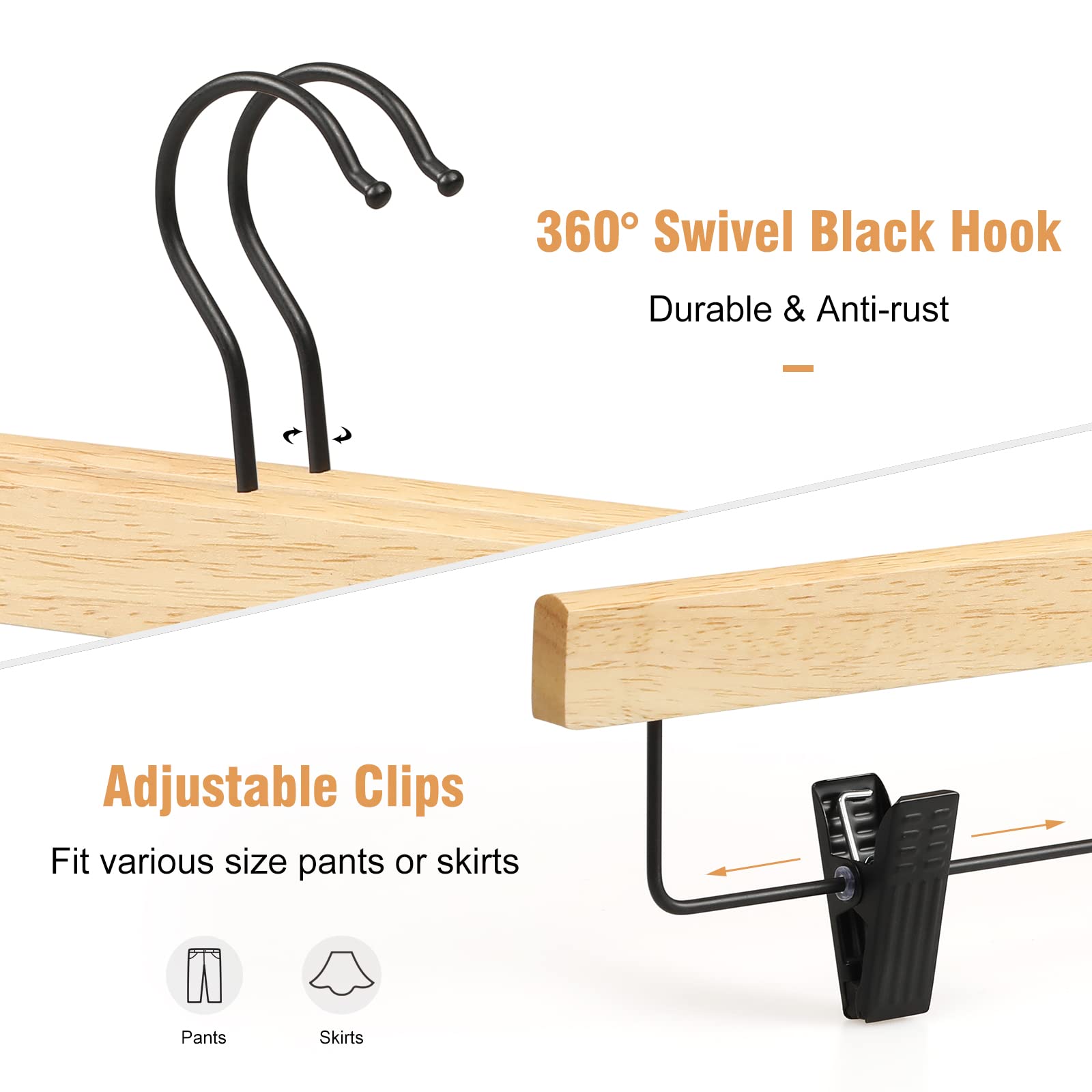Topia Hanger Pants Hangers 10 Pack, Wooden Clothes Hangers With Black Clips And Rotatable Hook, Durable Natural Rubber Wood Hang