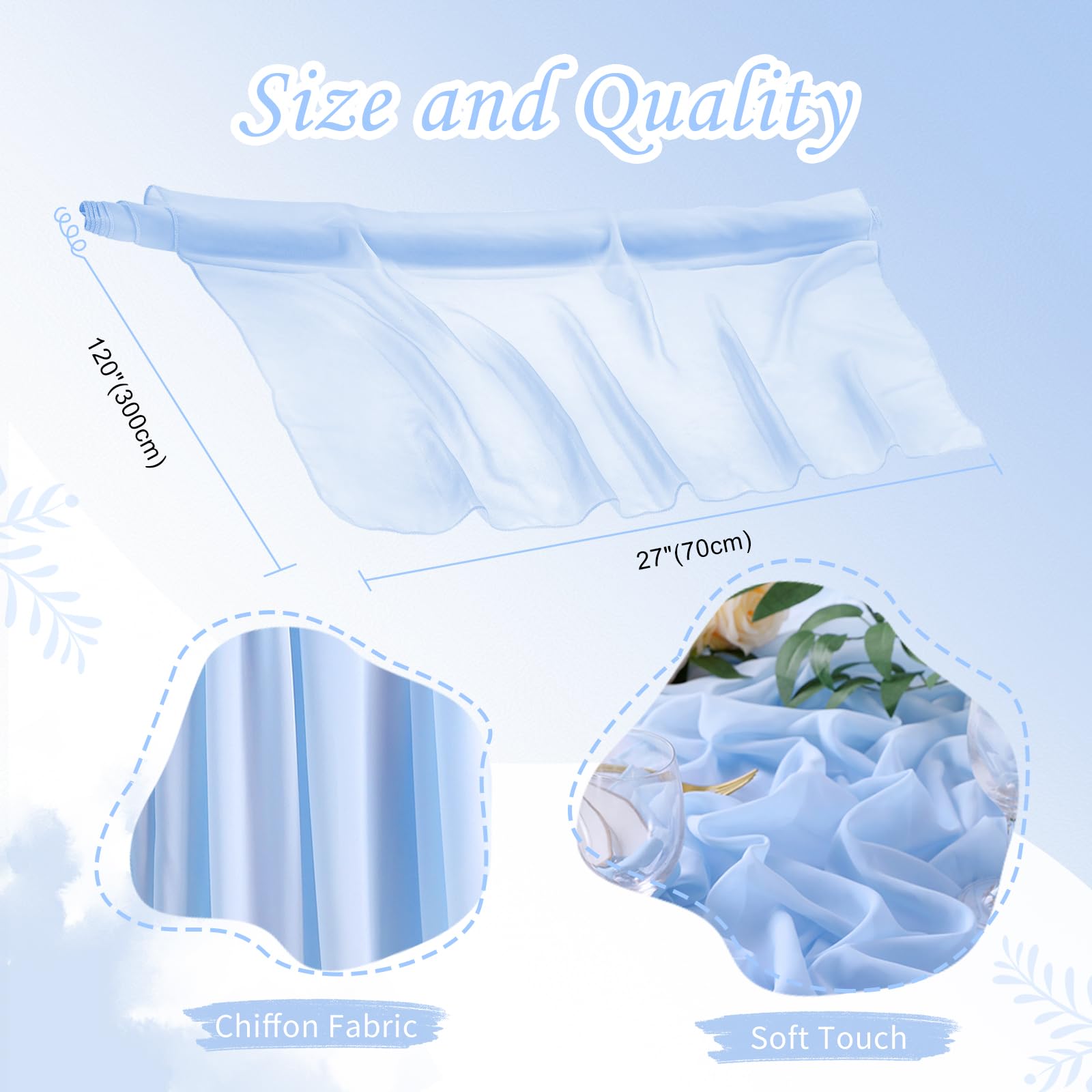 5 Pieces 10Ft Wedding Table Runner Blue Chiffon Table Runners Sheer Wedding Arch Overlay Fabric for Birthday Bridal Party Decorations