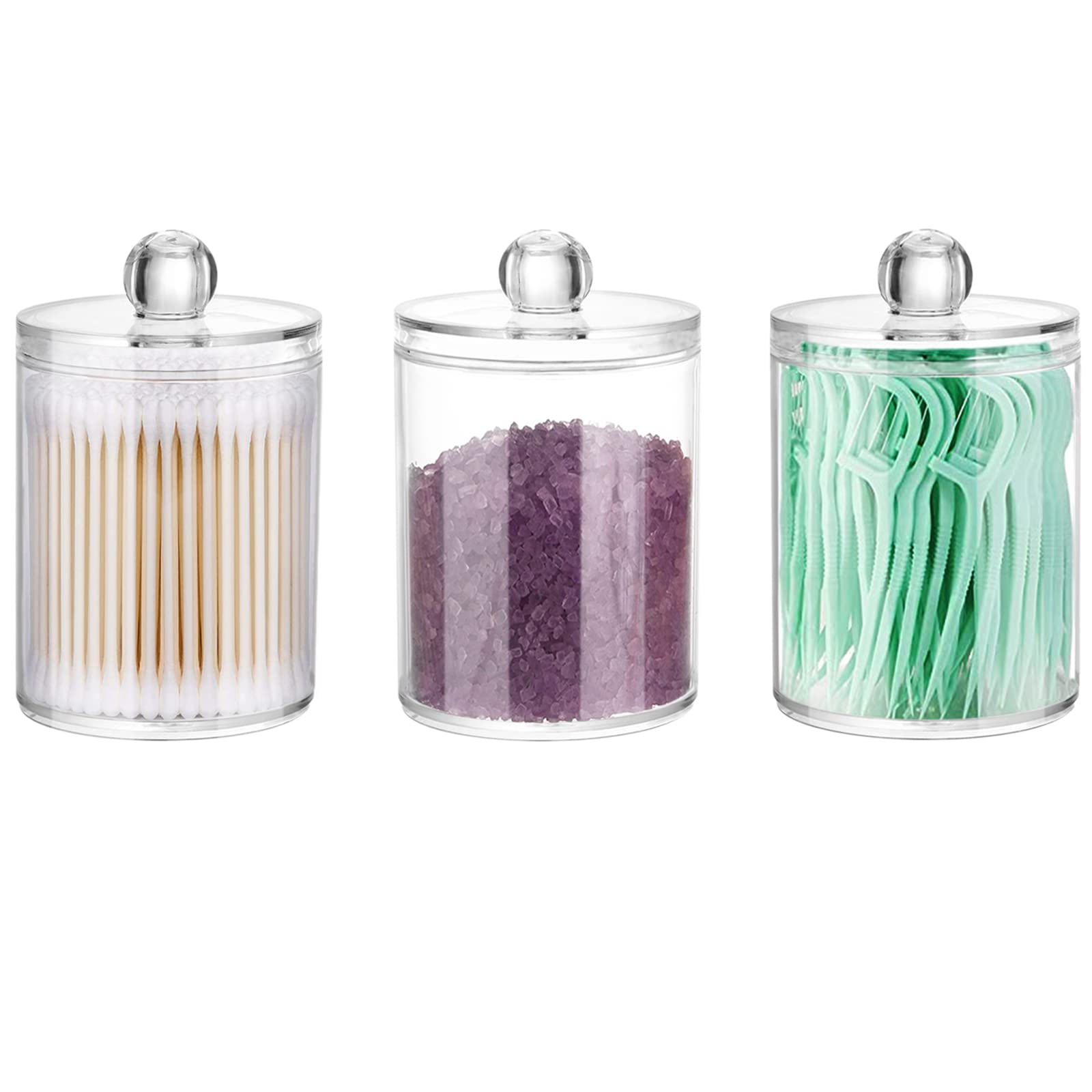 Dapower 3 Pack Qtip Holder Storage Canister For Cotton Ball, Cotton Swab, Pads, Floss; 10-Ounce Clear Plastic Apothecary Jar Wit