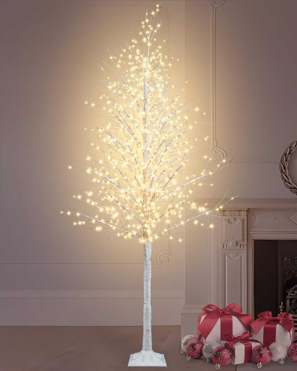 TORONTOKYO 6FT Lighted Birch Tree 910 LEDs Warm White Lights, 8 Modes Light Up White Artificial Christmas Twig Tree with Timer f
