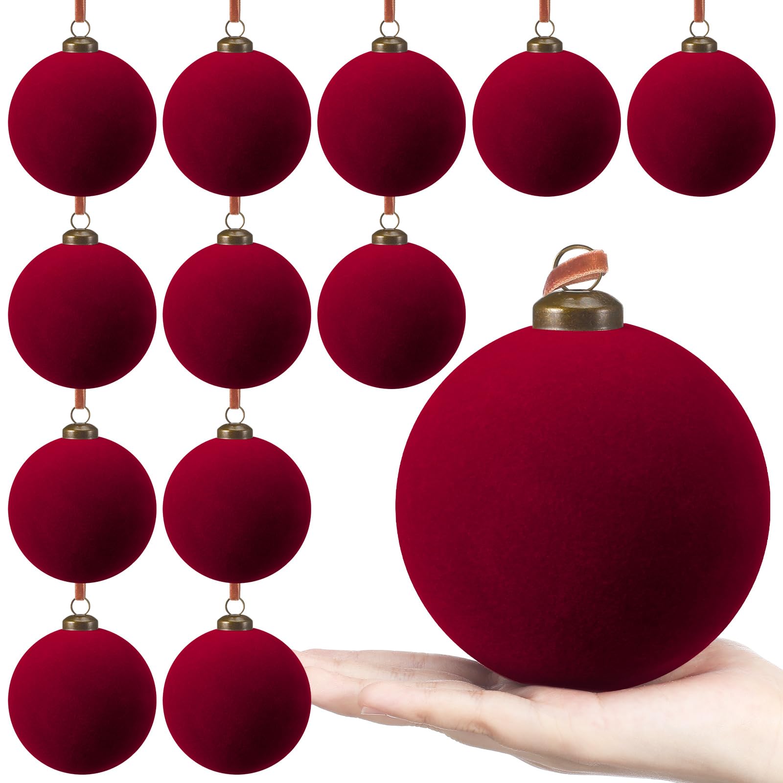 PullCrease 12 Pcs Velvet Christmas Ball Ornaments - 4 Inch Burgundy Flocked Christmas Tree Balls Decorative Hanging Ornaments fo